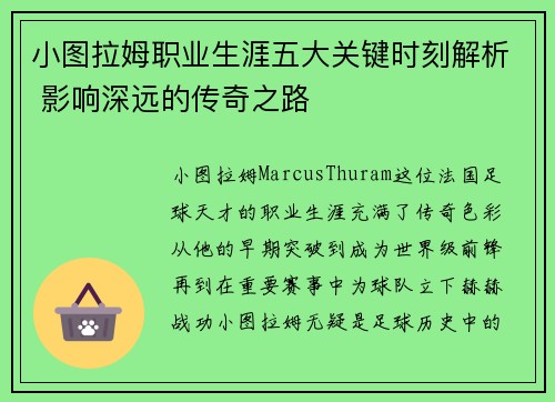 小图拉姆职业生涯五大关键时刻解析 影响深远的传奇之路