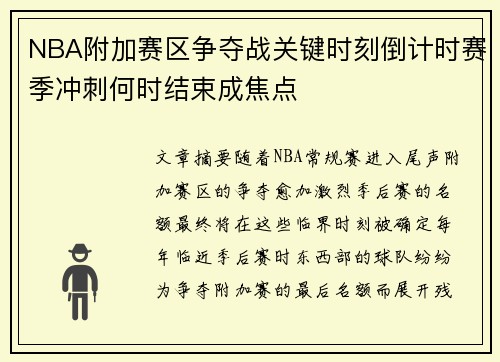 NBA附加赛区争夺战关键时刻倒计时赛季冲刺何时结束成焦点