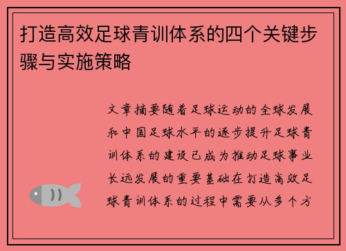 打造高效足球青训体系的四个关键步骤与实施策略