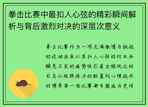 拳击比赛中最扣人心弦的精彩瞬间解析与背后激烈对决的深层次意义